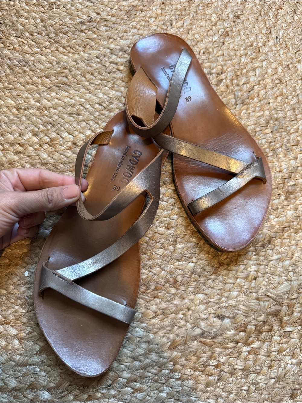 Gomax Metallic Brown Leather Crisscross Strap Sandals for Women